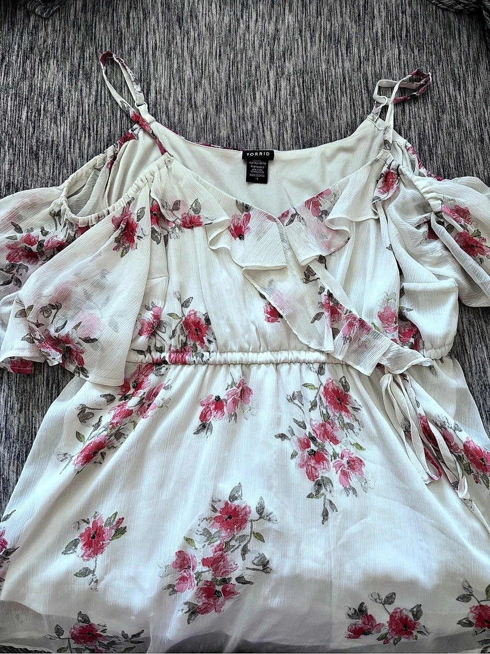 Torrid Floral Cold Shoulder Ruffle Blouse Mini Dress White & Pink Size 1
